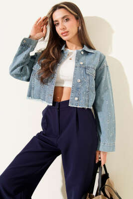 Taş Süslemeli Püsküllü Kot Crop Ceket Mavi - Kadın Giyim Modelleri