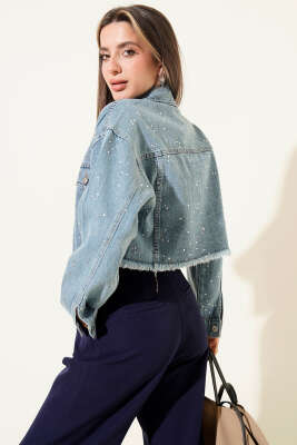 Taş Süslemeli Püsküllü Kot Crop Ceket Mavi - Kadın Giyim Modelleri