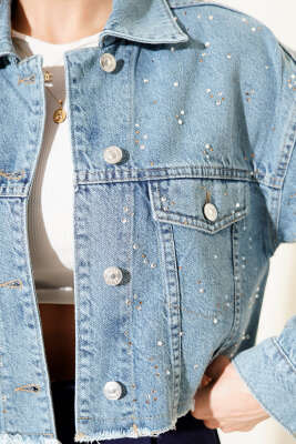 Taş Süslemeli Püsküllü Kot Crop Ceket Mavi - Kadın Giyim Modelleri