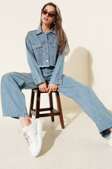 Taş Süslemeli Püsküllü Kot İkili Takım Mavi - Kadın Giyim Modelleri