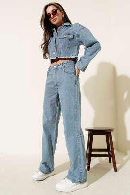 Taş Süslemeli Püsküllü Kot İkili Takım Mavi - Kadın Giyim Modelleri