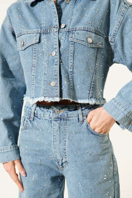 Taş Süslemeli Püsküllü Kot İkili Takım Mavi - Kadın Giyim Modelleri