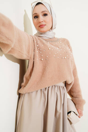 Taş Süslemeli Sakallı Kazak Büsküvi - Triko Kazak