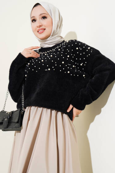 Taş Süslemeli Sakallı Kazak Siyah - Triko Kazak