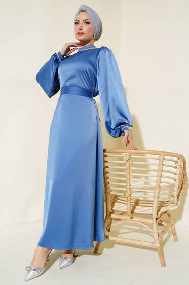 Taş Süslemeli Saten Abiye İndigo - Tesettür Elbise