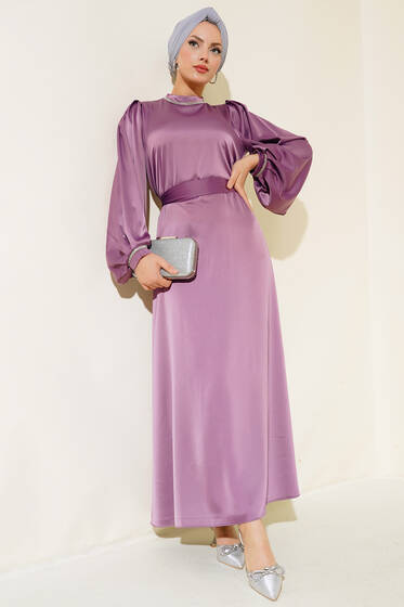 Taş Süslemeli Saten Abiye Lila - Tesettür Elbise