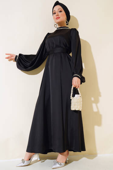 Taş Süslemeli Saten Abiye Siyah - Tesettür Elbise
