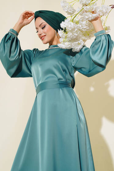 Taş Süslemeli Saten Abiye Su Yeşili - Tesettür Elbise