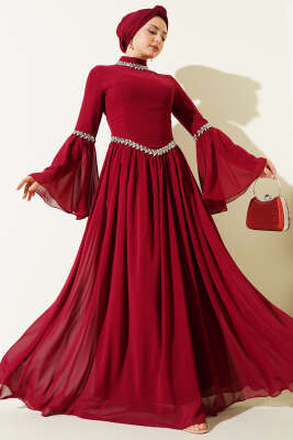 Taş Süslemeli Şifon Abiye Elbise Bordo - CNR TEKSTİL