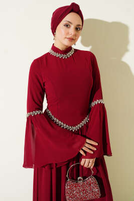 Taş Süslemeli Şifon Abiye Elbise Bordo - Elbise