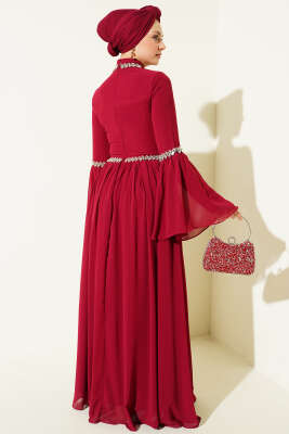 Taş Süslemeli Şifon Abiye Elbise Bordo - Elbise