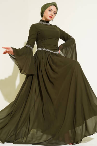 Taş Süslemeli Şifon Abiye Elbise Haki - Elbise