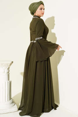 Taş Süslemeli Şifon Abiye Elbise Haki - Elbise