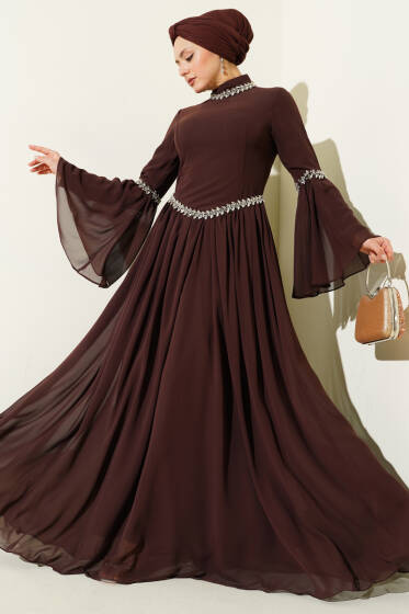 Taş Süslemeli Şifon Abiye Elbise Kahve - Elbise