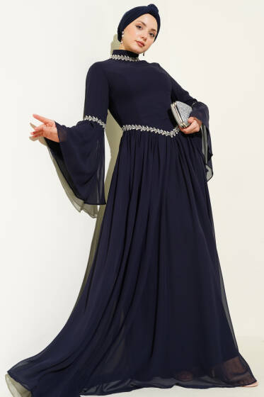 Taş Süslemeli Şifon Abiye Elbise Lacivert - Elbise