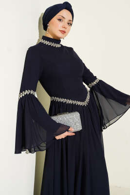 Taş Süslemeli Şifon Abiye Elbise Lacivert - Elbise