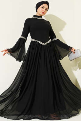 Taş Süslemeli Şifon Abiye Elbise Siyah - CNR TEKSTİL