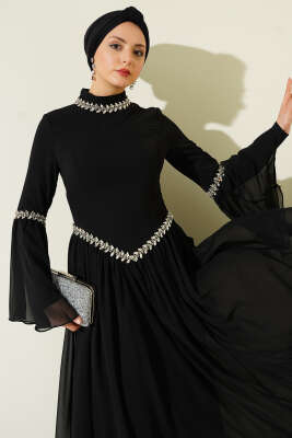Taş Süslemeli Şifon Abiye Elbise Siyah - Elbise