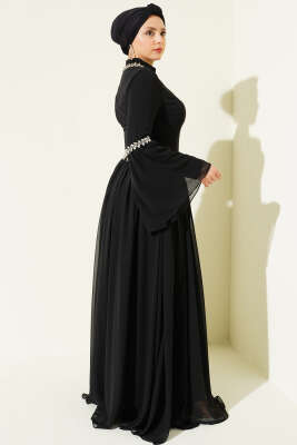 Taş Süslemeli Şifon Abiye Elbise Siyah - Elbise