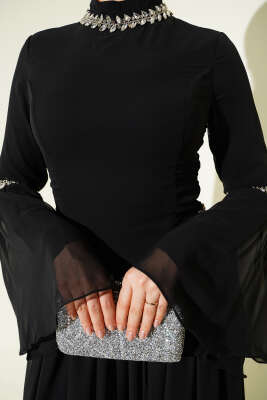 Taş Süslemeli Şifon Abiye Elbise Siyah - Elbise