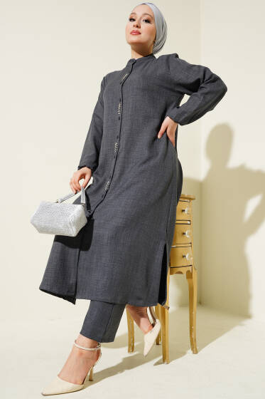 Taş Süslemeli Uzun Tunikli İkili Takım Antrasit - İkili Takım