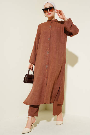 Taş Süslemeli Uzun Tunikli İkili Takım Kahve - İkili Takım