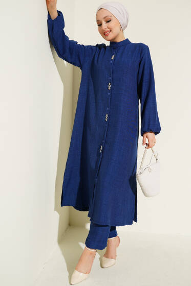 Taş Süslemeli Uzun Tunikli İkili Takım Lacivert - İkili Takım