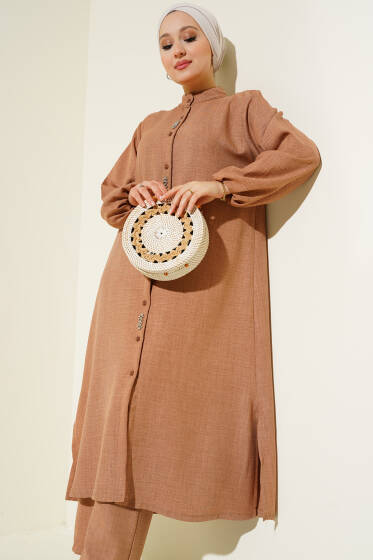 Taş Süslemeli Uzun Tunikli İkili Takım Latte - İkili Takım