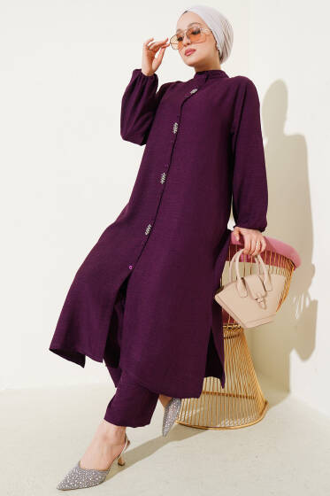 Taş Süslemeli Uzun Tunikli İkili Takım Menekşe - İkili Takım