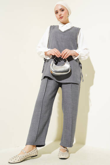 Taş Süslemeli Yan Bağlamalı Üçlü Takım Füme - İkili Takım