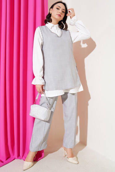 Taş Süslemeli Yan Bağlamalı Üçlü Takım Gri - İkili Takım