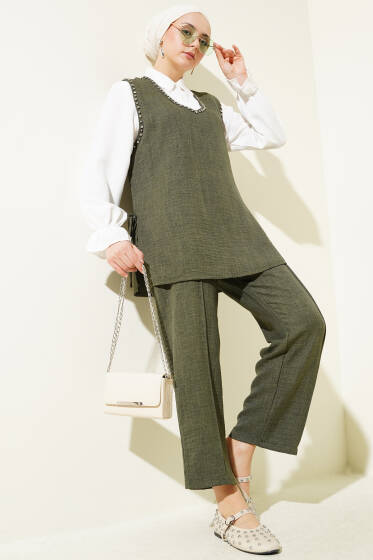 Taş Süslemeli Yan Bağlamalı Üçlü Takım Haki - İkili Takım
