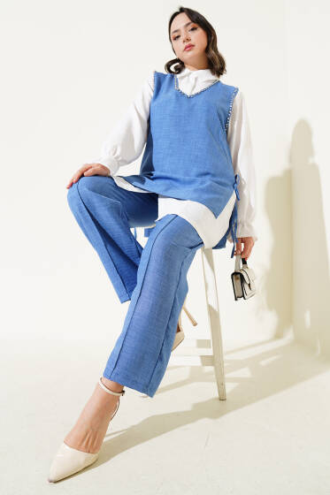 Taş Süslemeli Yan Bağlamalı Üçlü Takım İndigo - İkili Takım