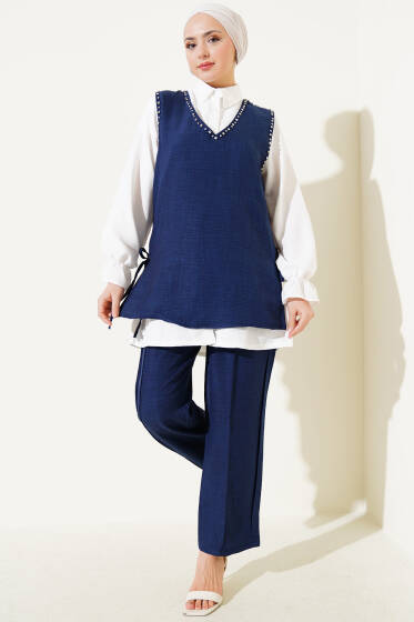 Taş Süslemeli Yan Bağlamalı Üçlü Takım Lacivert - İkili Takım