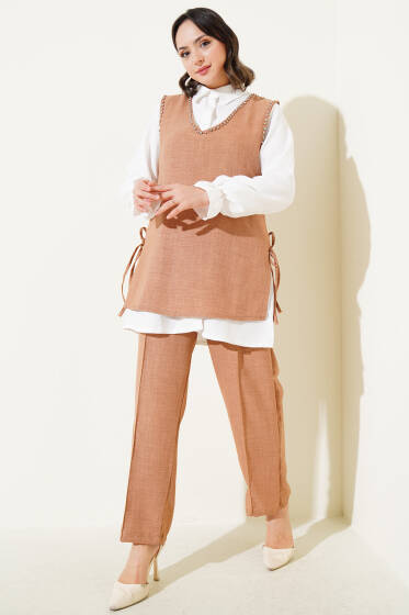 Taş Süslemeli Yan Bağlamalı Üçlü Takım Latte - İkili Takım