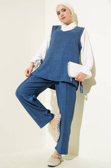 Taş Süslemeli Yan Bağlamalı Üçlü Takım Mavi - İkili Takım