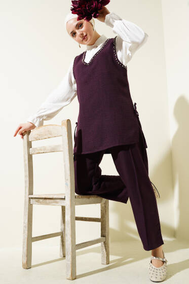 Taş Süslemeli Yan Bağlamalı Üçlü Takım Mürdüm - İkili Takım