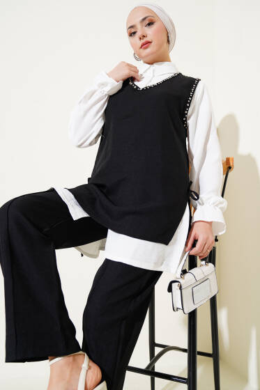 Taş Süslemeli Yan Bağlamalı Üçlü Takım Siyah - İkili Takım