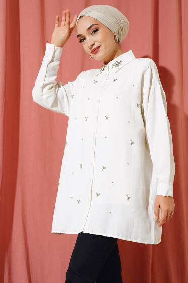 Taş ve İnci Süslemeli Keten Gömlek Asorti 1 - Gömlek