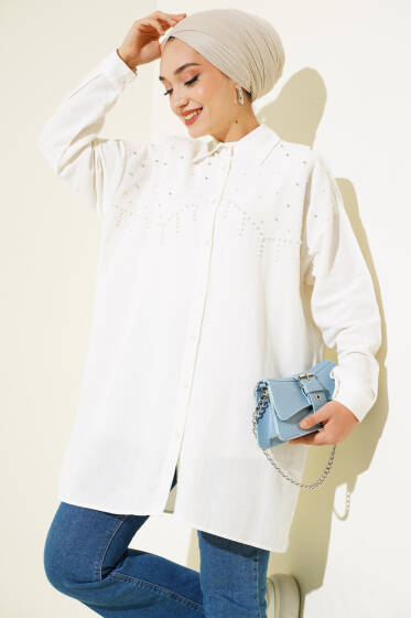 Taş ve İnci Süslemeli Keten Gömlek Asorti 4 - Gömlek