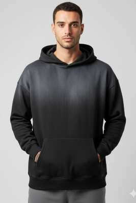Taşlama Kapüşonlu Erkek Sweatshirt Siyah - Erkek Sweatshirt