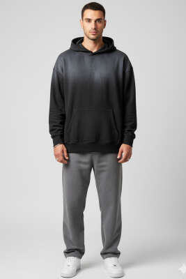 Taşlama Kapüşonlu Erkek Sweatshirt Siyah - Erkek Sweatshirt