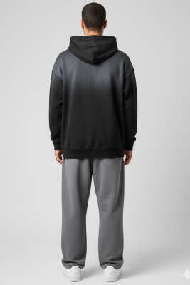 Taşlama Kapüşonlu Erkek Sweatshirt Siyah - Erkek Sweatshirt