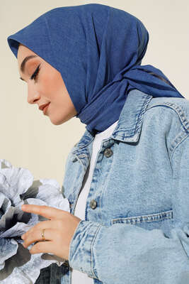 Taşlanmış Keten Eşarp İndigo -12 