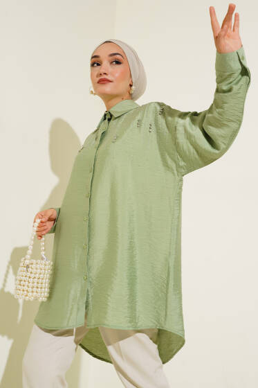 Taşlı Ağaç Kabuğu Gömlek Çağla Yeşili - Gömlek