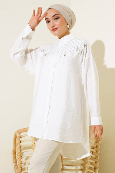 Taşlı Ağaç Kabuğu Gömlek Ekru - Gömlek