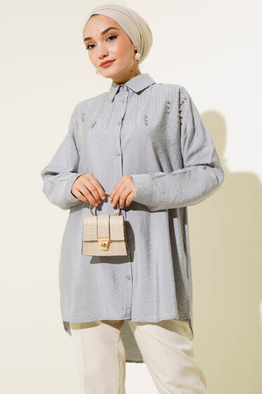 Taşlı Ağaç Kabuğu Gömlek Gri - Gömlek