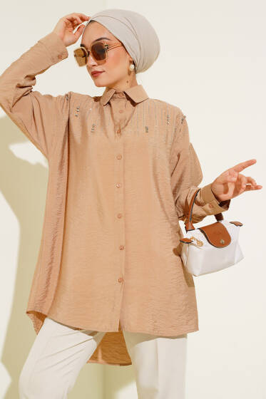 Taşlı Ağaç Kabuğu Gömlek Latte - Gömlek