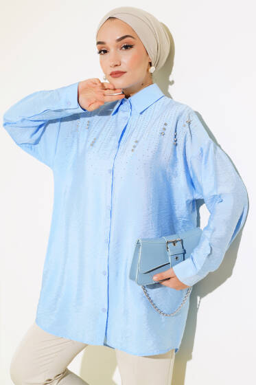 Taşlı Ağaç Kabuğu Gömlek Mavi - Gömlek