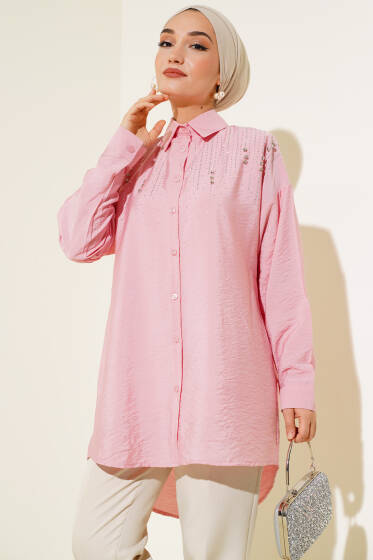 Taşlı Ağaç Kabuğu Gömlek Pudra - Gömlek